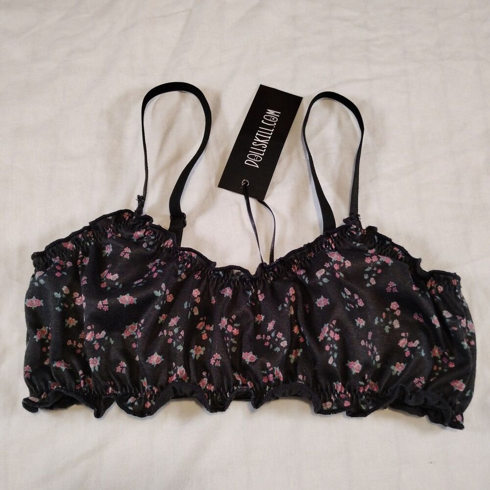 Dolls Kill Ruffled Floral Lingerie Top Size XS Black Floral